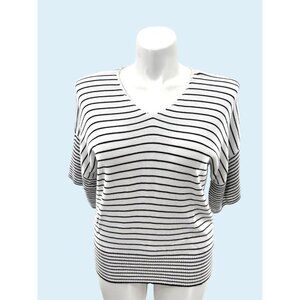 CABLE & GAUGE B&W STRIPED SHORT SLEEVE DOLMAN SWEATER - L